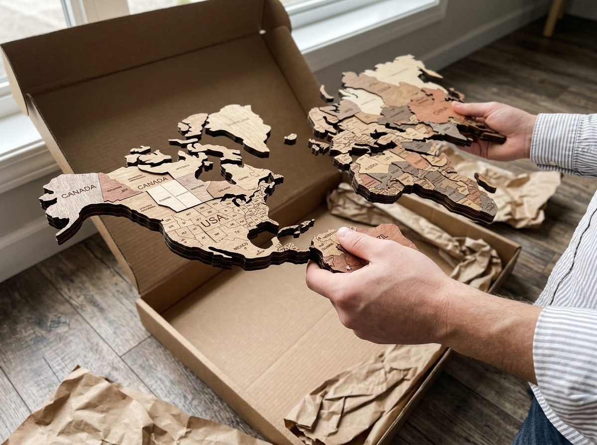 Wooden travel map mounted in home office