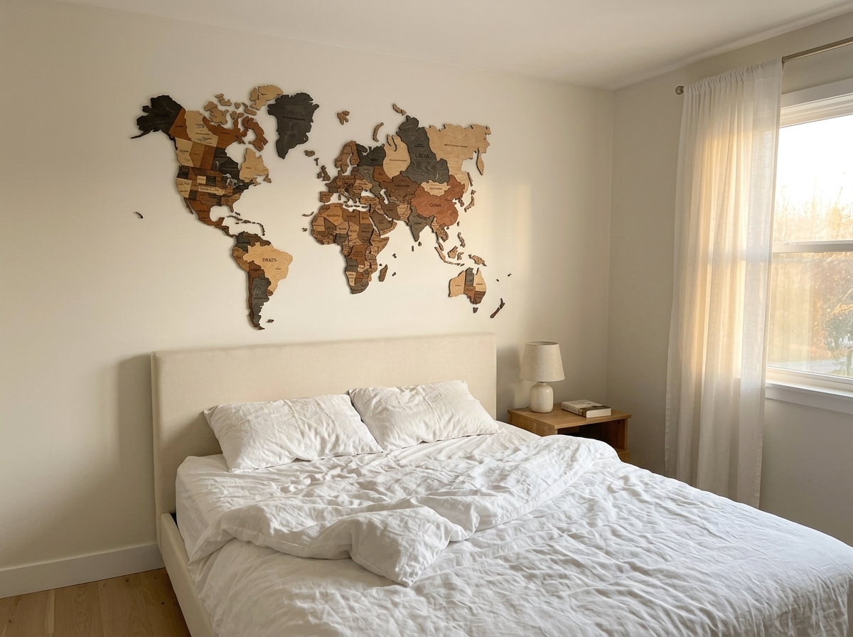 Wooden travel map in dining room with warm lighting