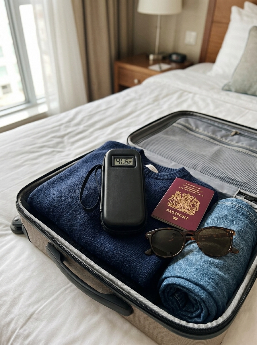 ColdDose tucked inside a packed carry-on suitcase next to a passport