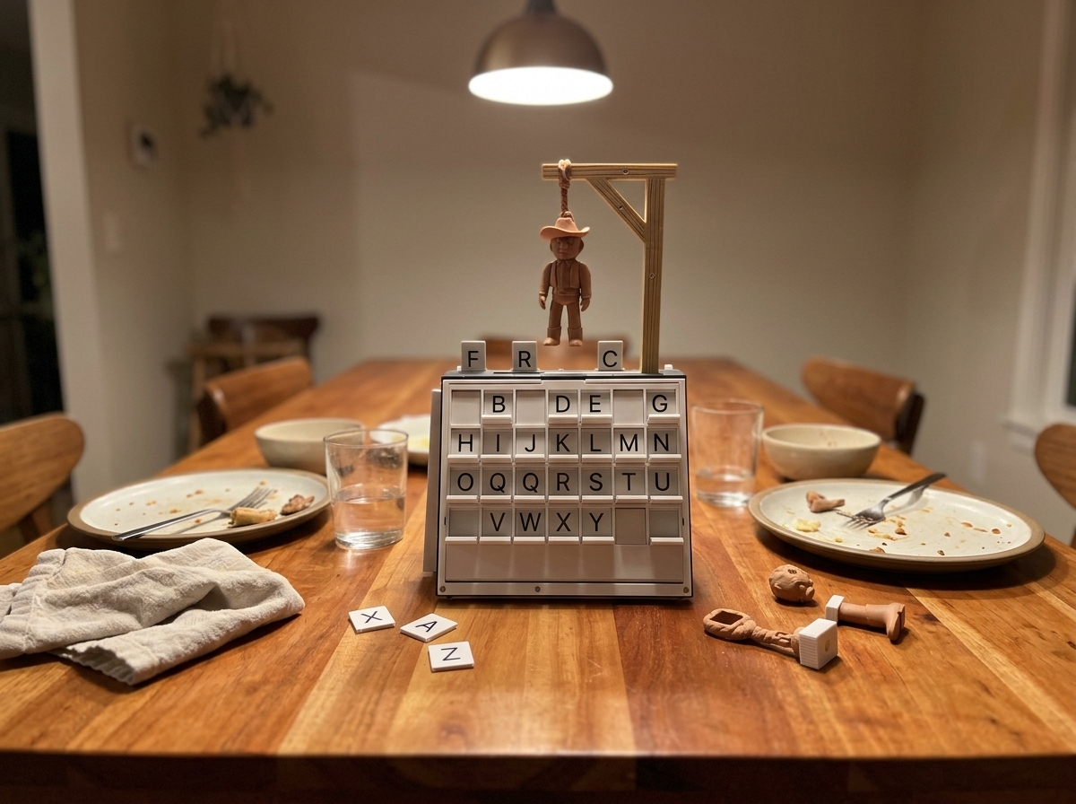 The wooden Hangman game on a family dinner table