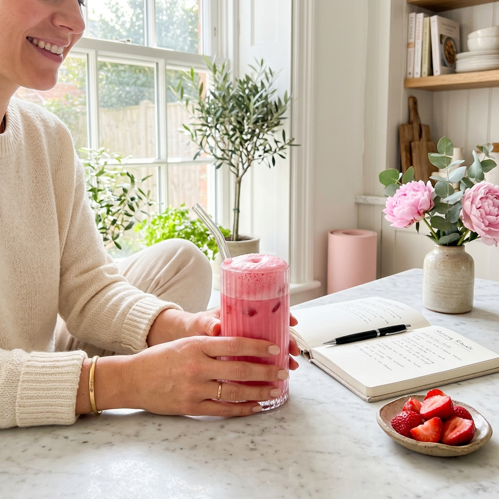Woman holding a pink iced latte in a glass cup, soft morning light, that-girl aesthetic