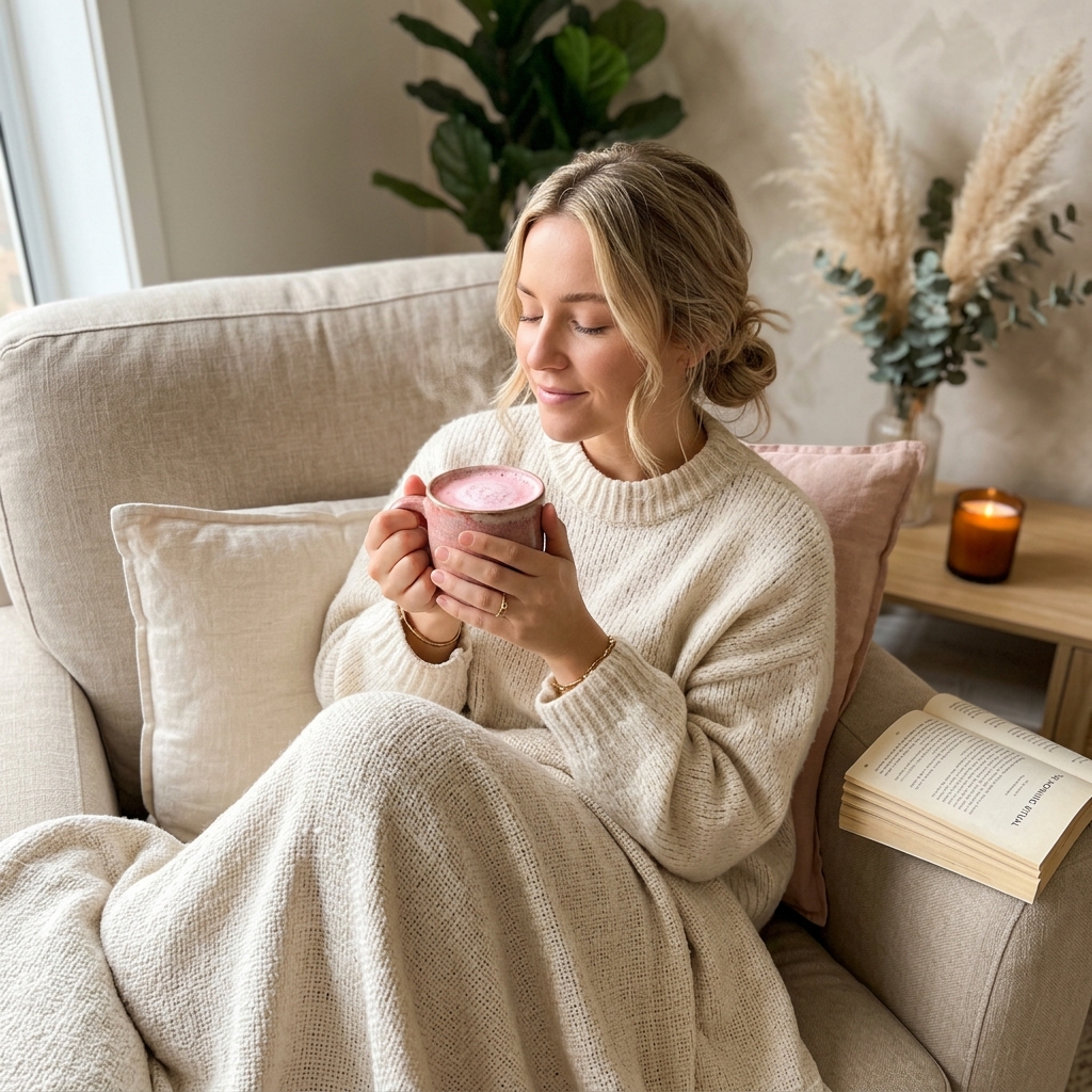 Pink latte in a ceramic mug