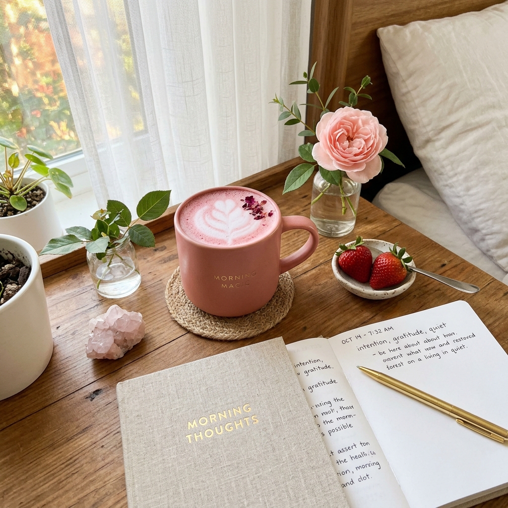 Pink latte in a ceramic mug