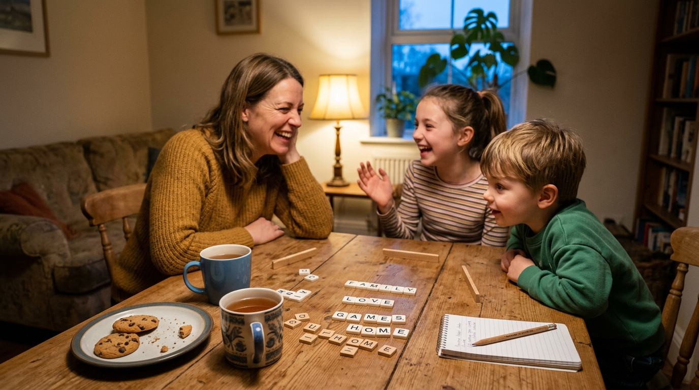 Family playing the Hangman game together at a dinner table