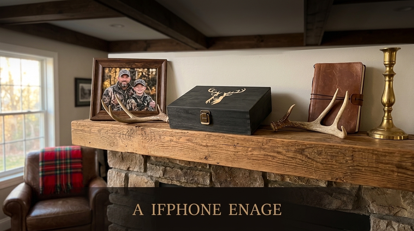 Hunter memory box on a mantel in warm cabin light