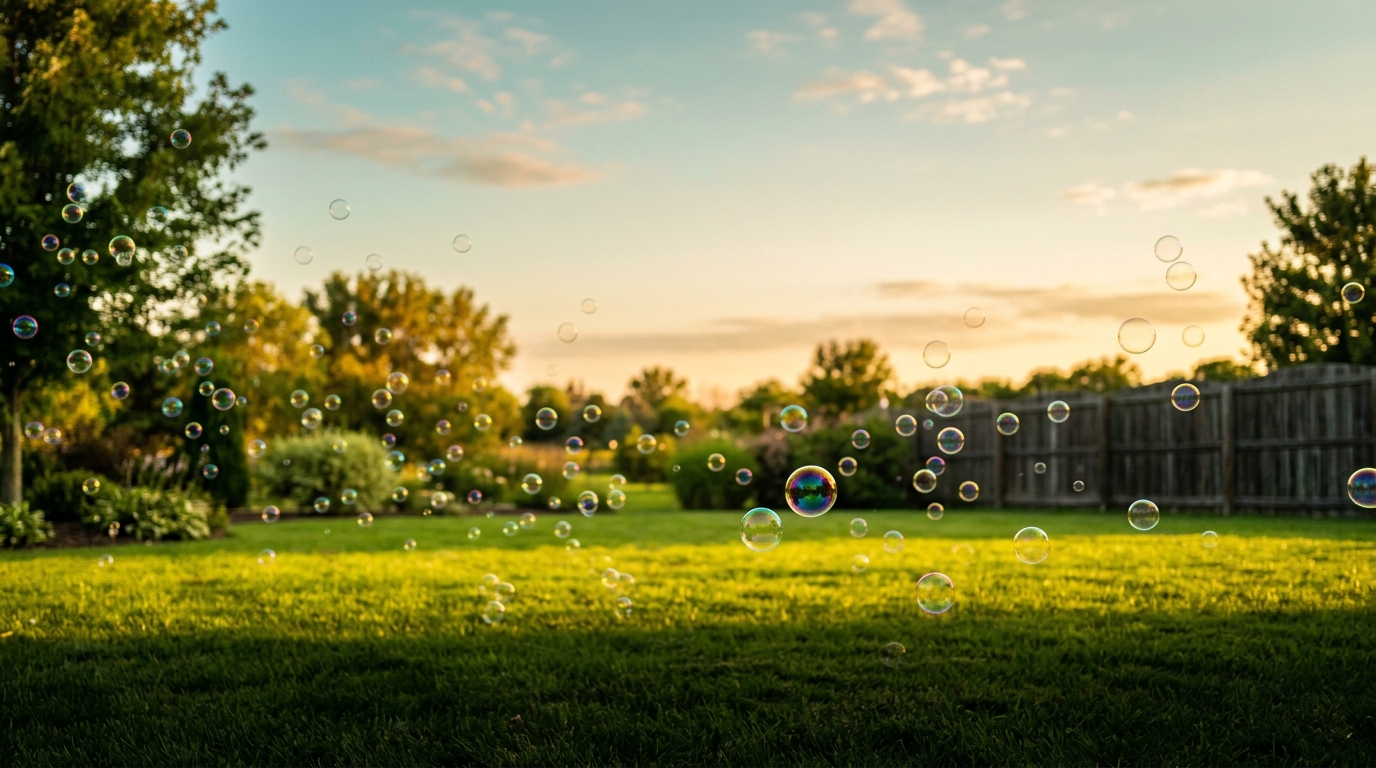 A young child looking up in wonder as bubbles fall from the bubble drone in a sunlit backyard