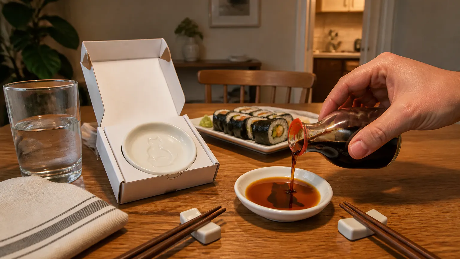 The opened presentation box on a warm dinner table, sauce dish beside it, hands mid-pour