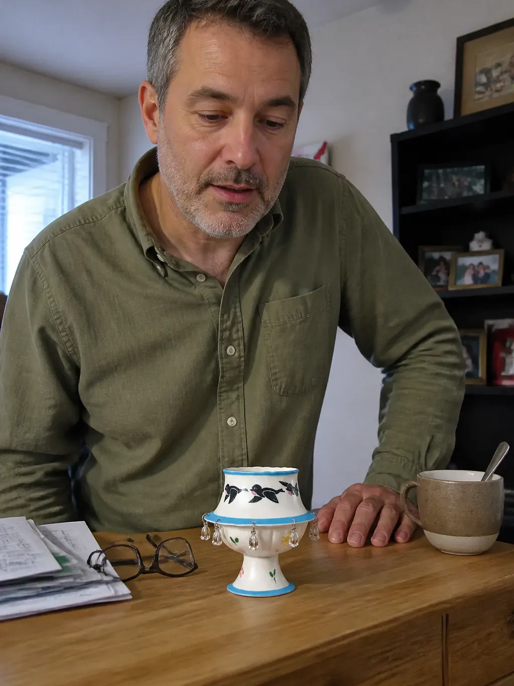 The ceramic cup on a hallway console beside keys