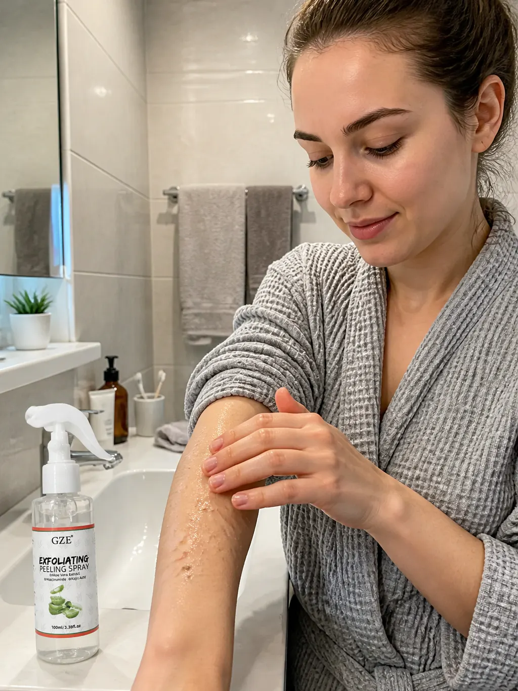 Fingertips rolling grey dead-skin clumps off a forearm with the SmoothMist spray bottle in frame