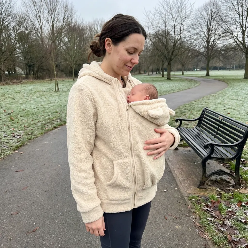 Parent outdoors in a zipped fleece hoodie with a baby upright in the front pouch, face clear, both hands free