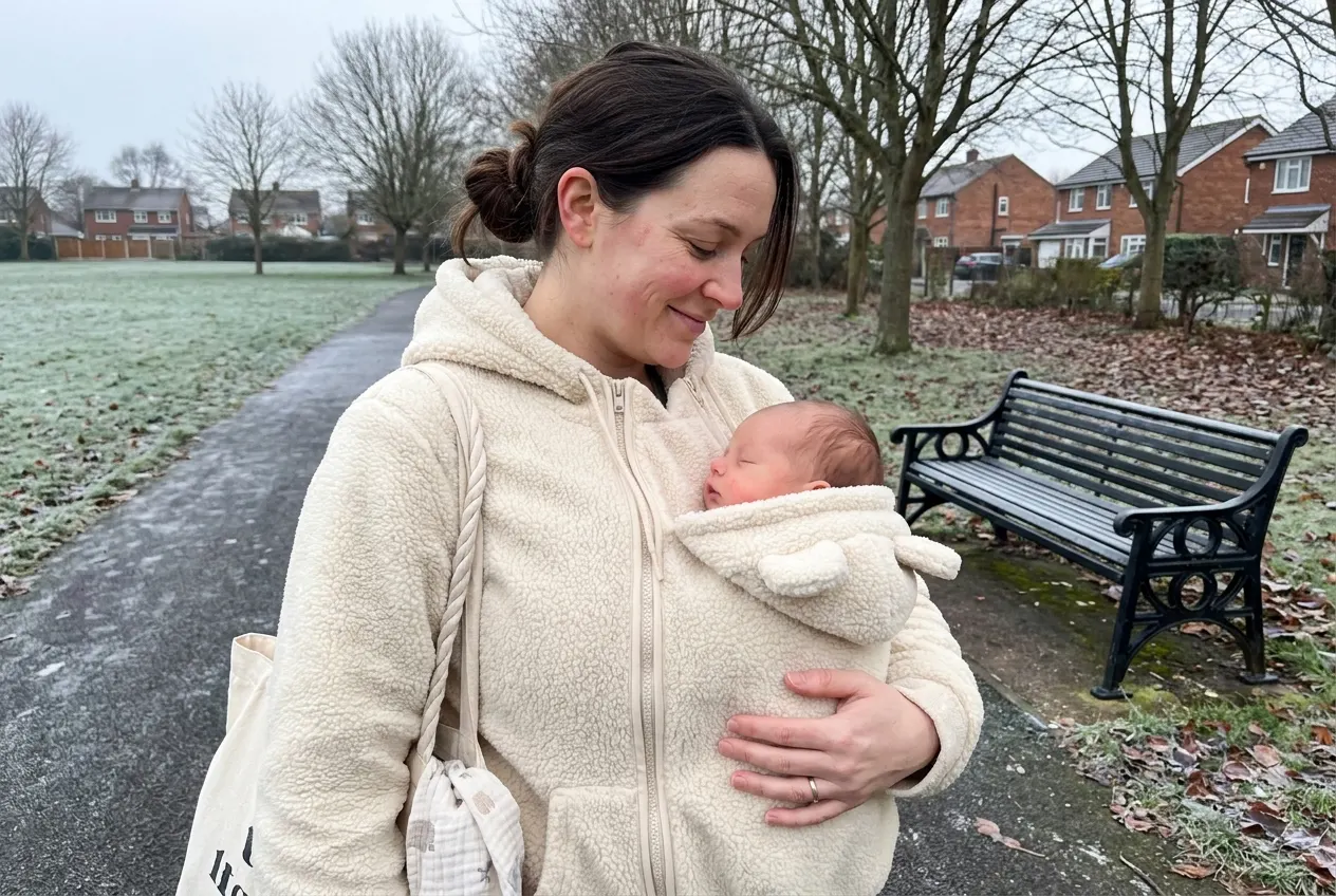 The same parent on the same cold walk, coat-free and zipped, baby settled high against the chest with face clear, one hand holding an older child's book bag